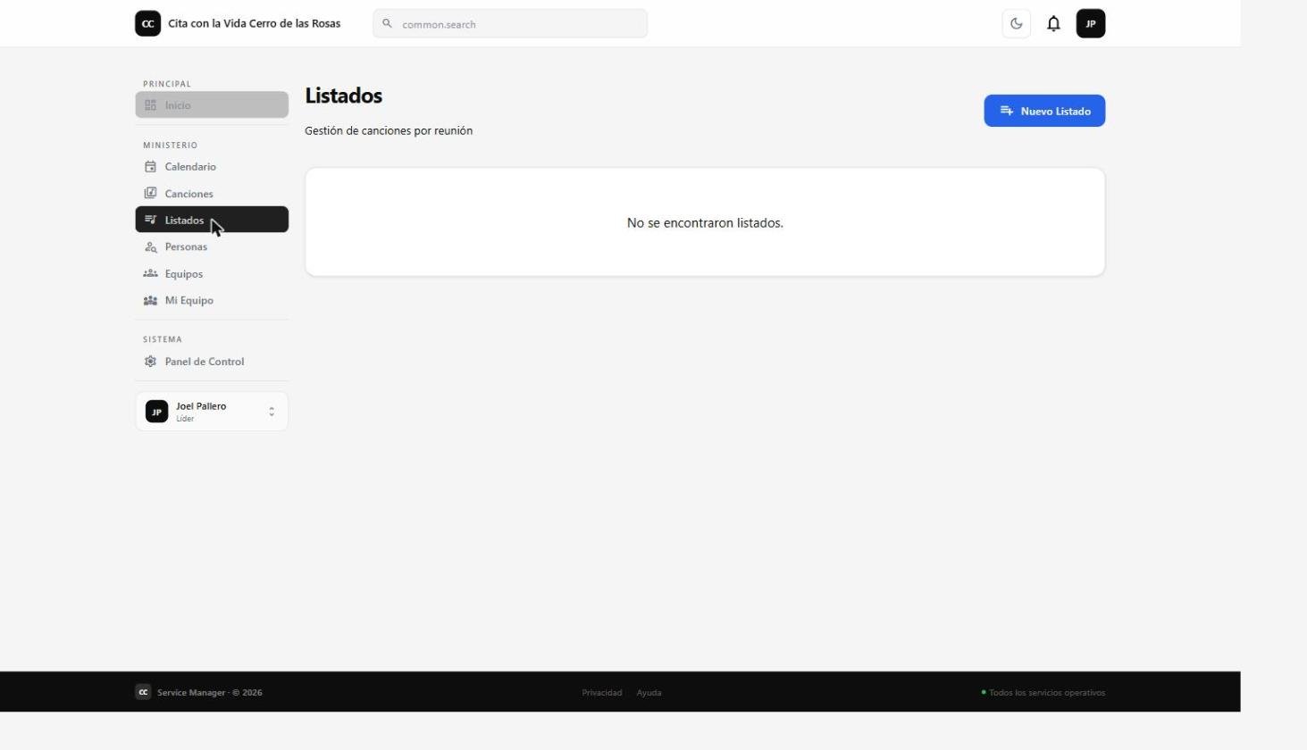 Vista de Listados sin registros cargados