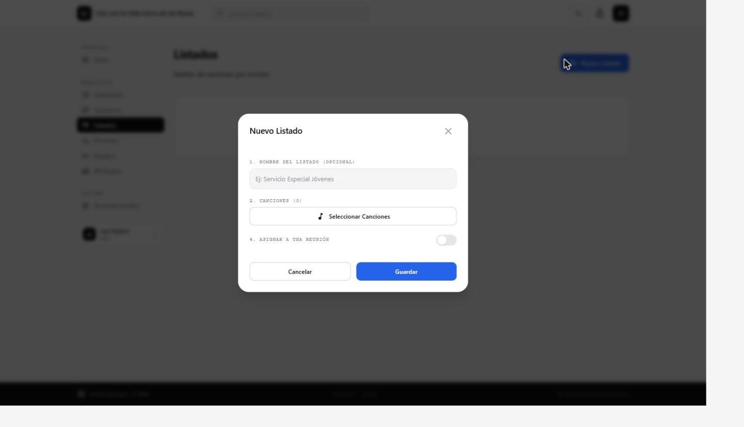 Modal de creación de un nuevo listado
