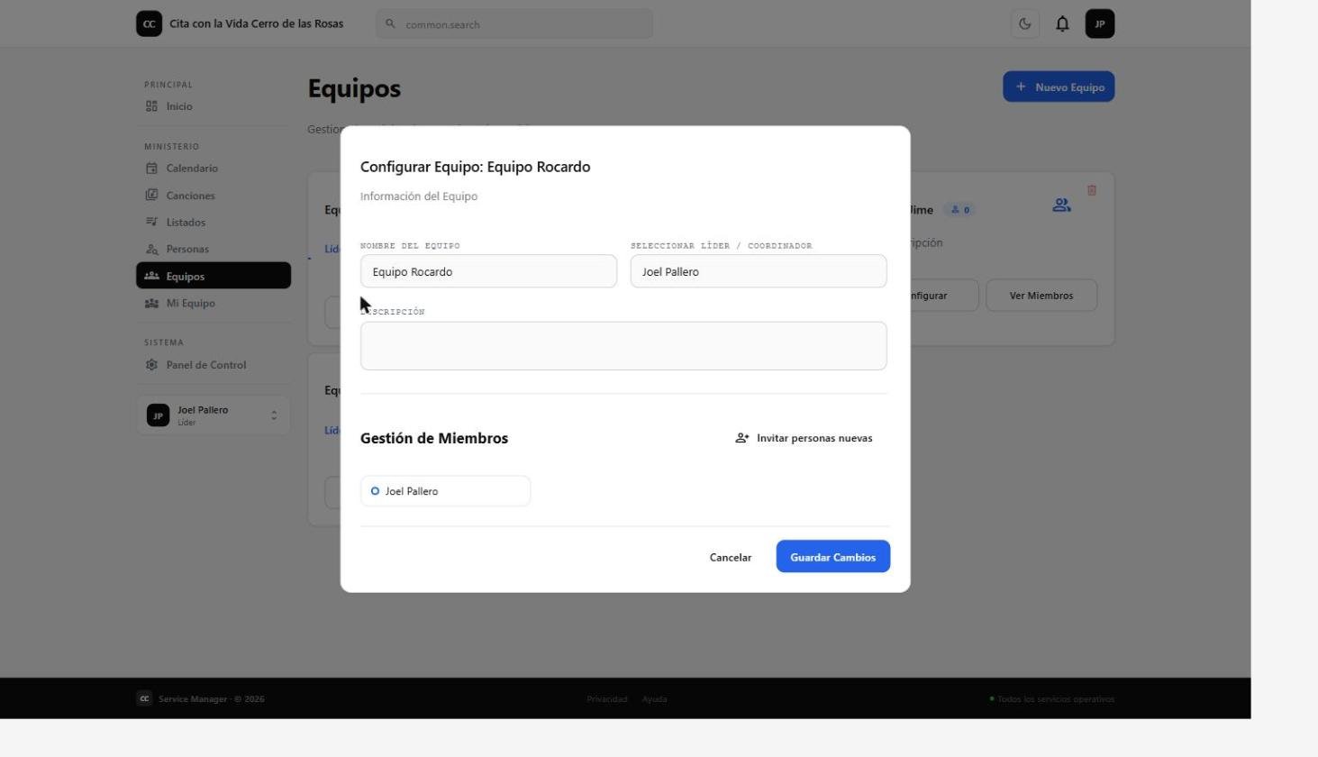 Modal de configuración de un equipo existente