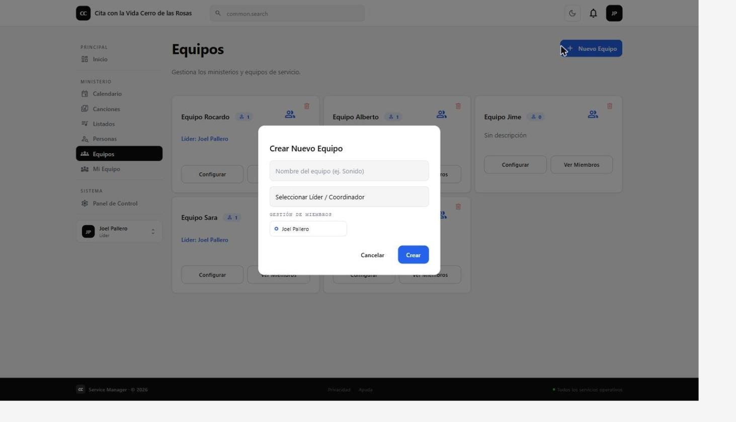 Modal de creación de un nuevo equipo