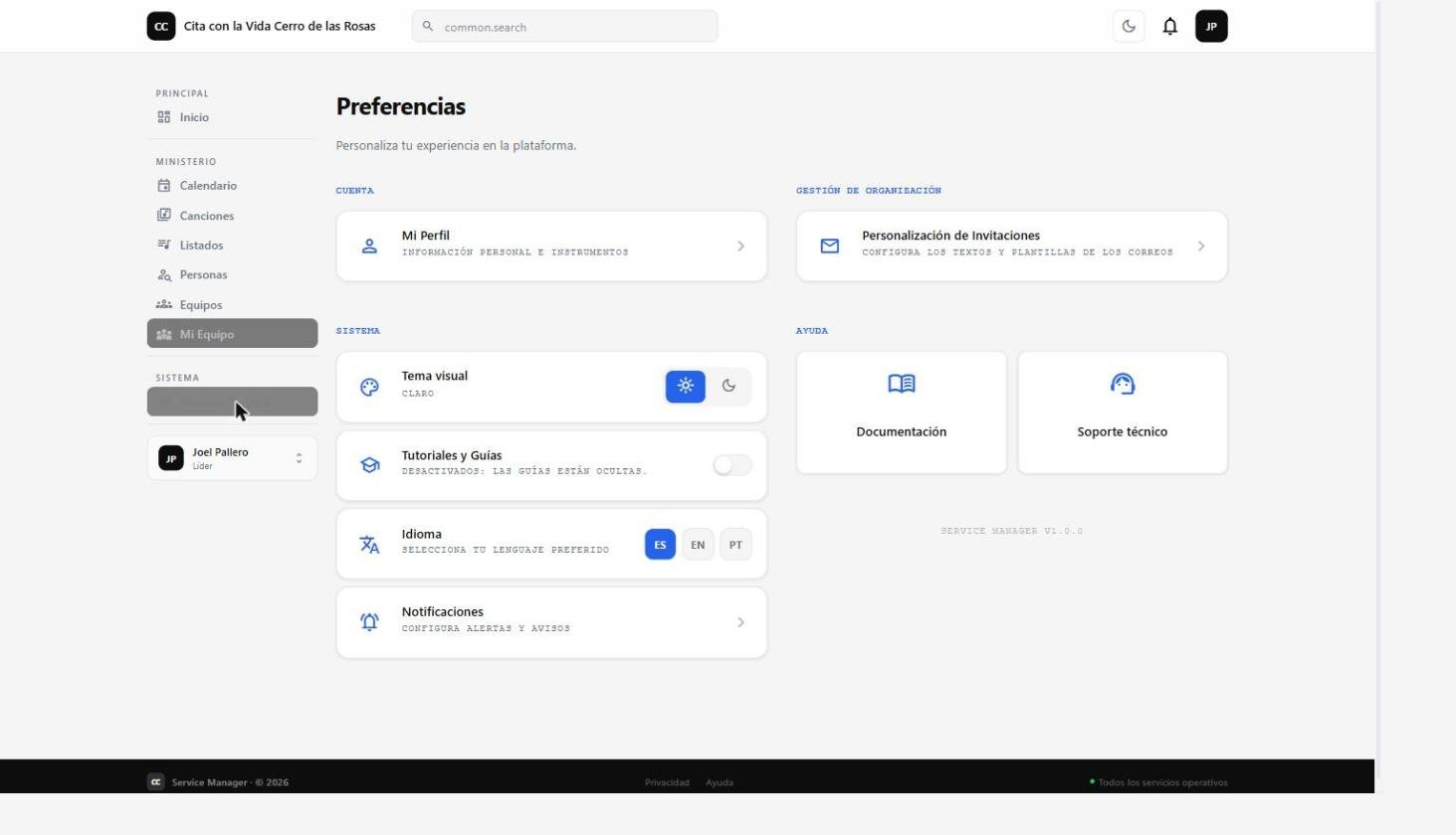 Pantalla principal de Preferencias / Panel de Control