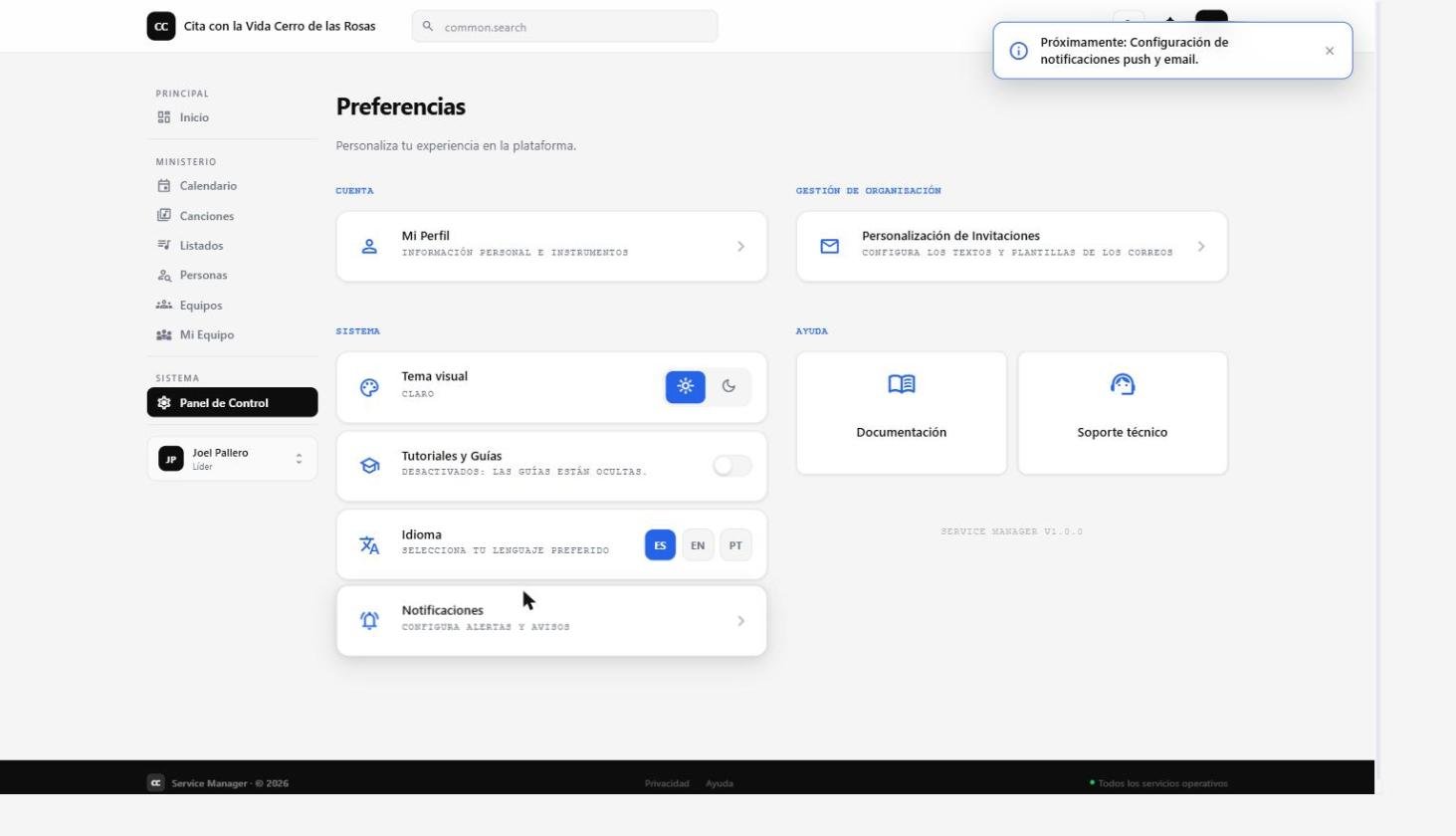 Aviso de funcionalidad de notificaciones aún no disponible